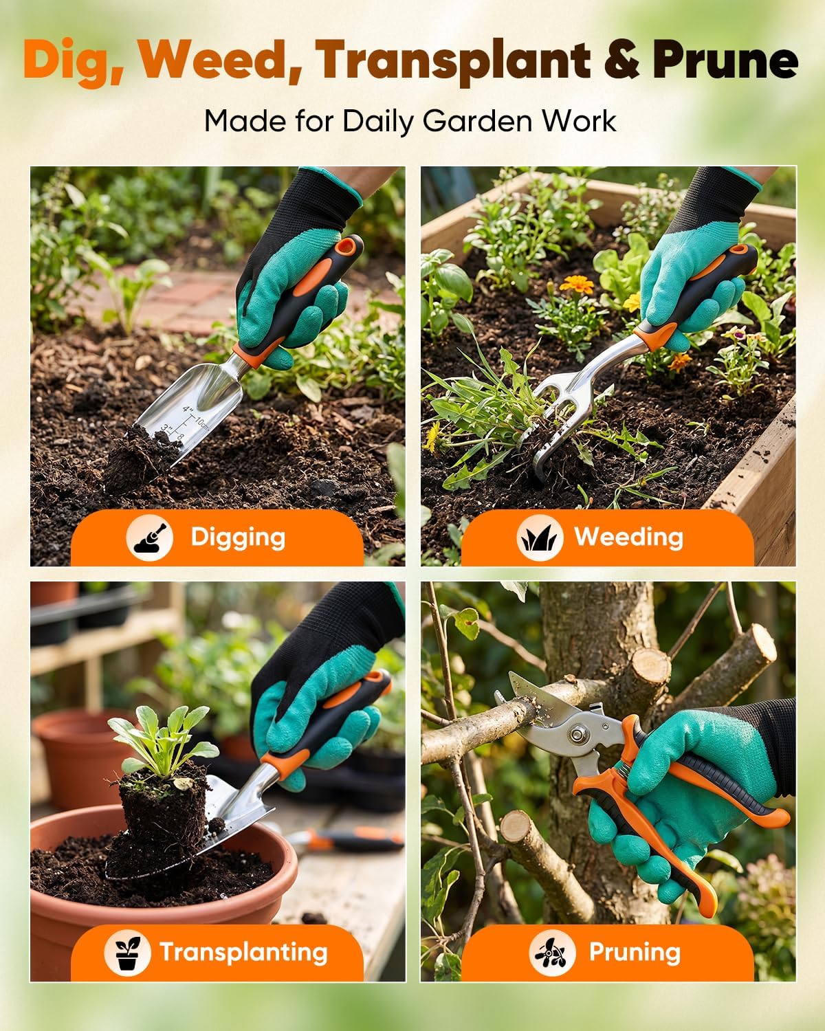 Garden Tool Set Gardening Tools - Heavy Duty Aluminum Tool Kit with Non-Slip Handle, Gardening Gloves and Tool Bag for