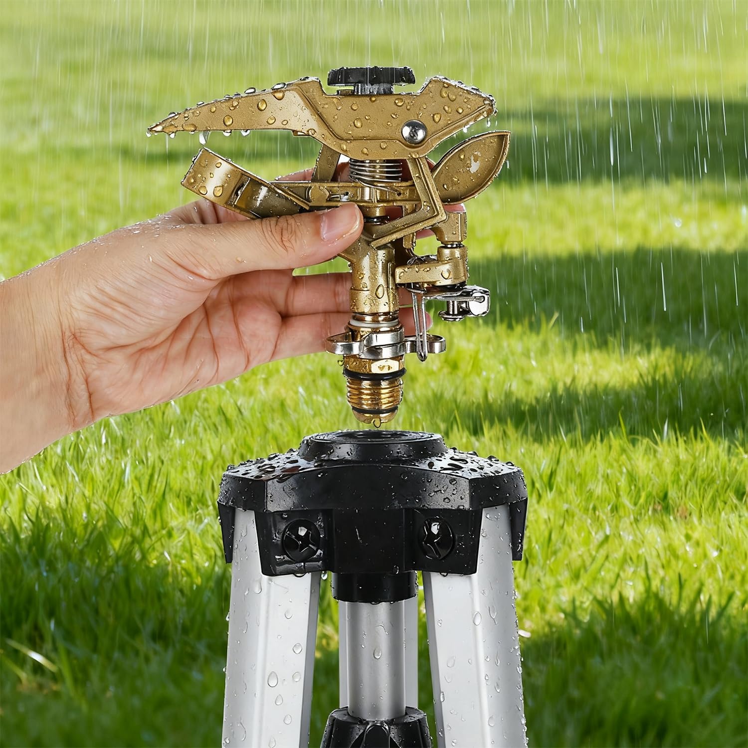 Biswing Large Impact Sprinkler Head on Tripod Base, Adjustable Zinc Alloy Lawn Sprinklers for Yard Lawn Garden, 3/4" NH