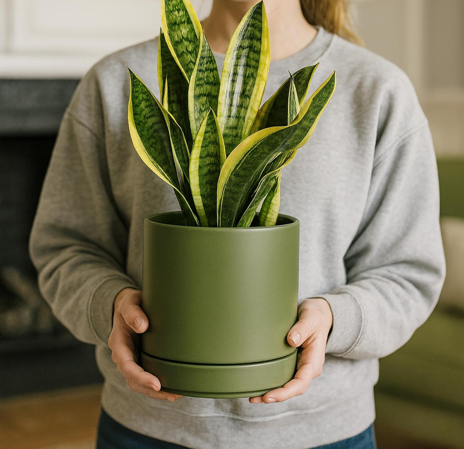 D'vine Dev 6.5 Inch Ceramic Planter Pot, Olive, 94-O-C-J | Modern Cylinder Design, Drainage Hole & Saucer Included