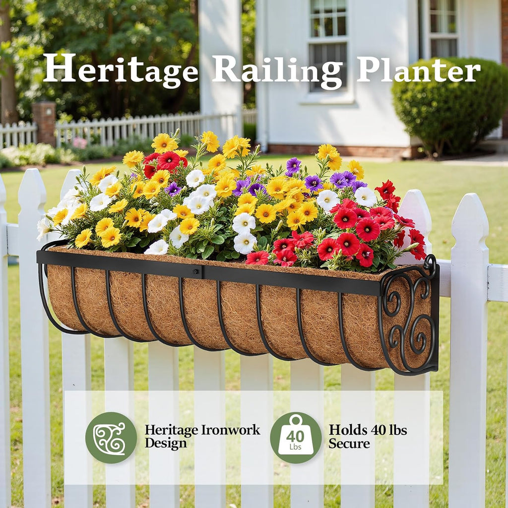 VOXOR Railing Planter Boxes, 24 Inch Window Boxes Planters, Balcony Planters with Adjustable Brackets & Coco Liner for