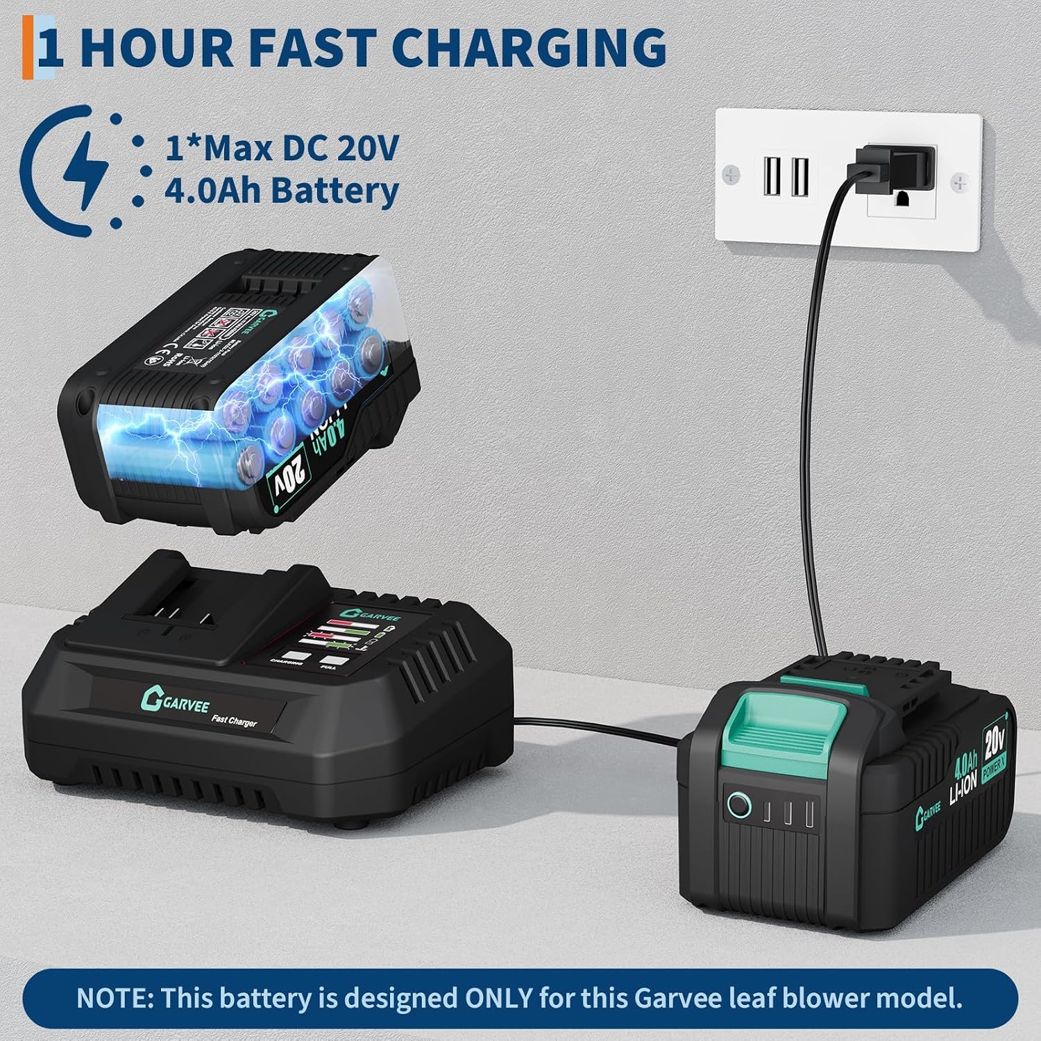 Garvee Leaf Blower Cordless 20V 4.0A 2 Speed 650 CFM Fast Charger