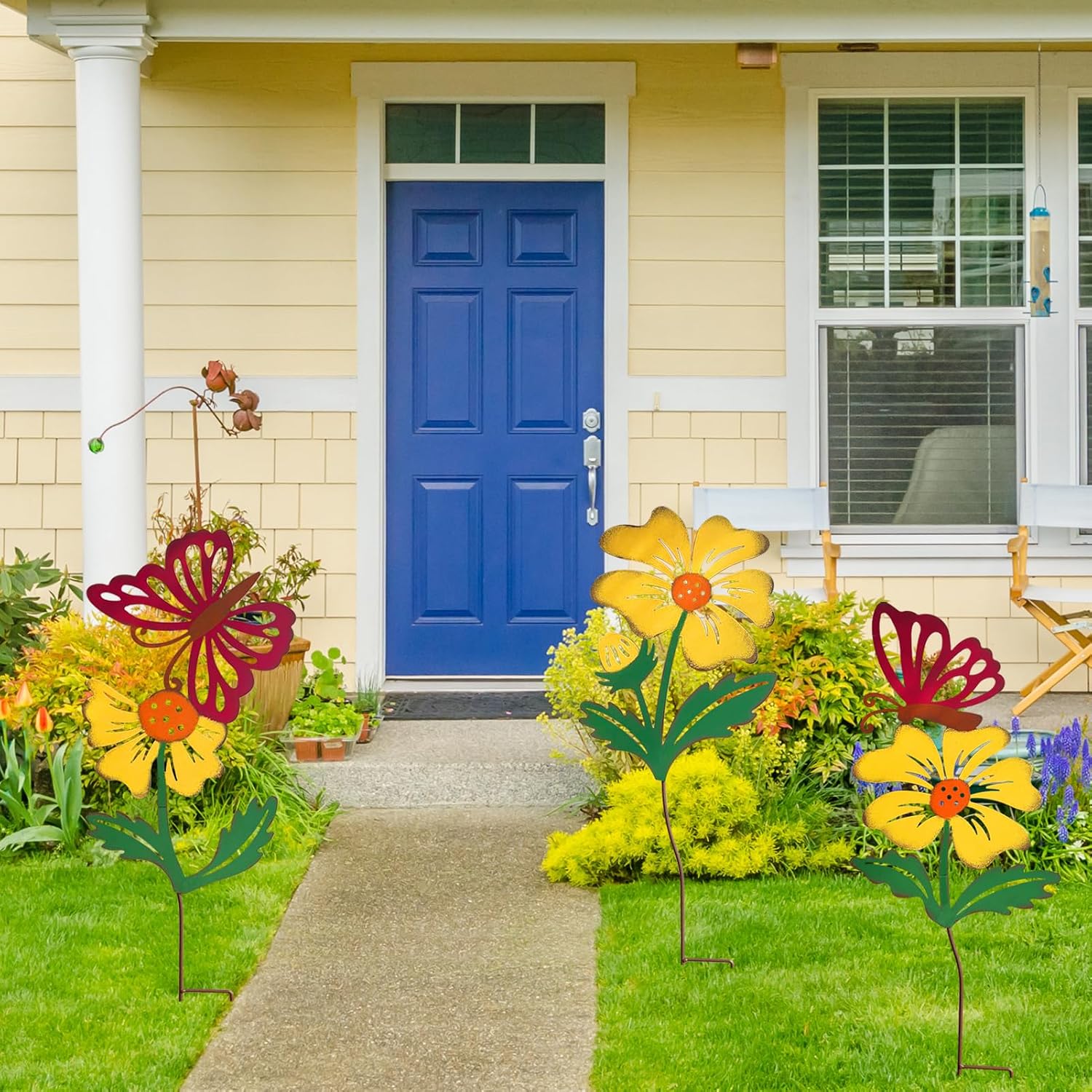 3-Pack Metal Flowers for Outside, 30-Inch Metal Yard Art | Decorative garden stakes with flower and butterfly designs;