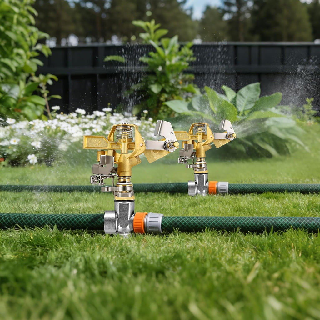 Triumpeek 2 Packs Impact Sprinkler, Brass Head, Aluminum Alloy Stand | On Spike Base, Heavy Duty, Adjustable 360
