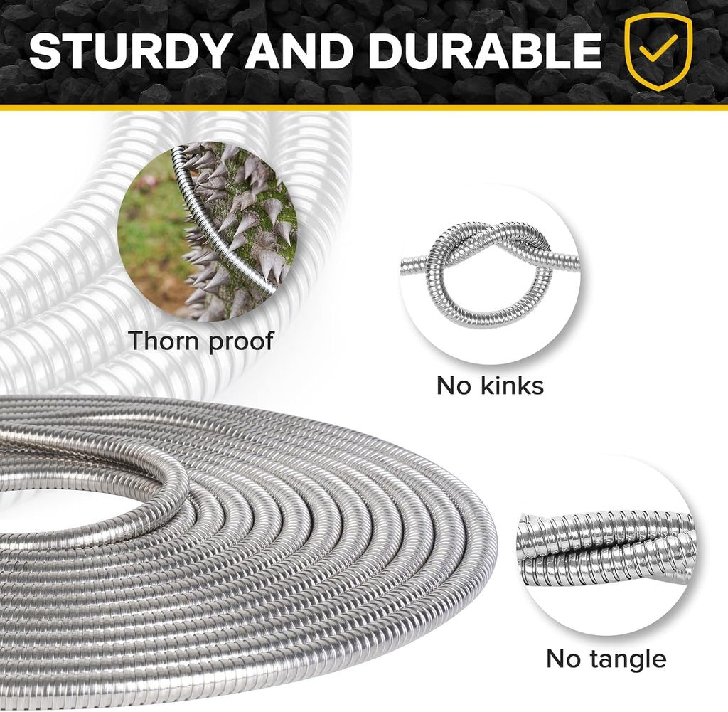Metal Garden Hose Water Hose 100ft Heavy Duty Stainless Steel Water Pipe with Sprayer & Nozzle Flexible Lightweight