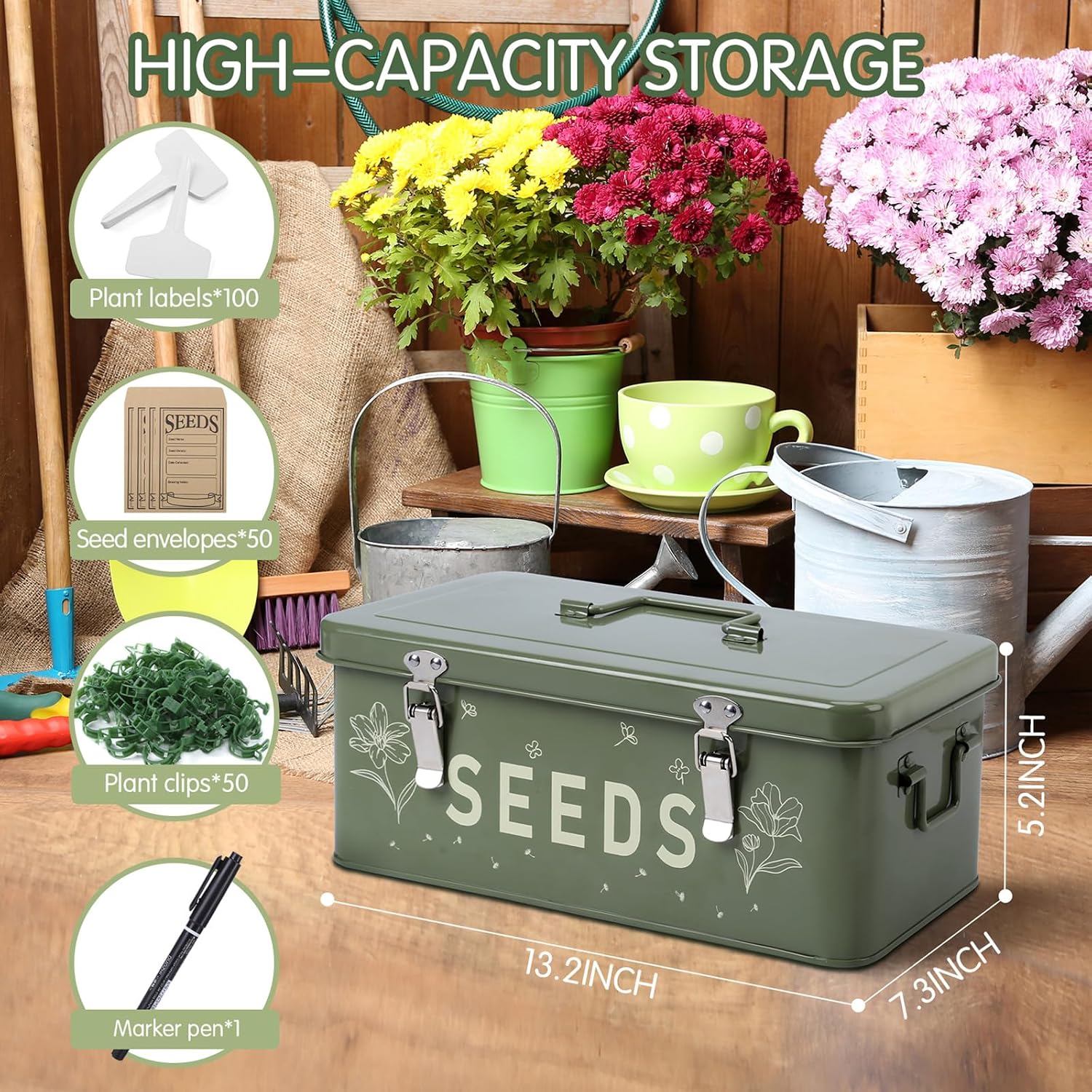 Seed Storage Organizer with Lid, Metal Seed Bin Seed Packet Container | 100 Plant Labels, 50 Seed Envelopes, 50 Plant