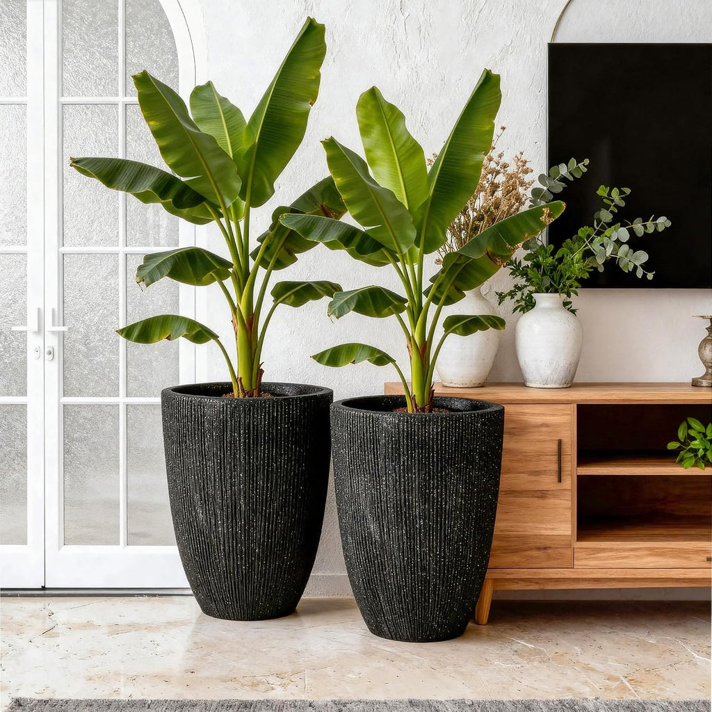 2-Pack 19" Black Resin Tall Round Planters with Fluted Texture | Set of 2 resin tall planters with black fluted