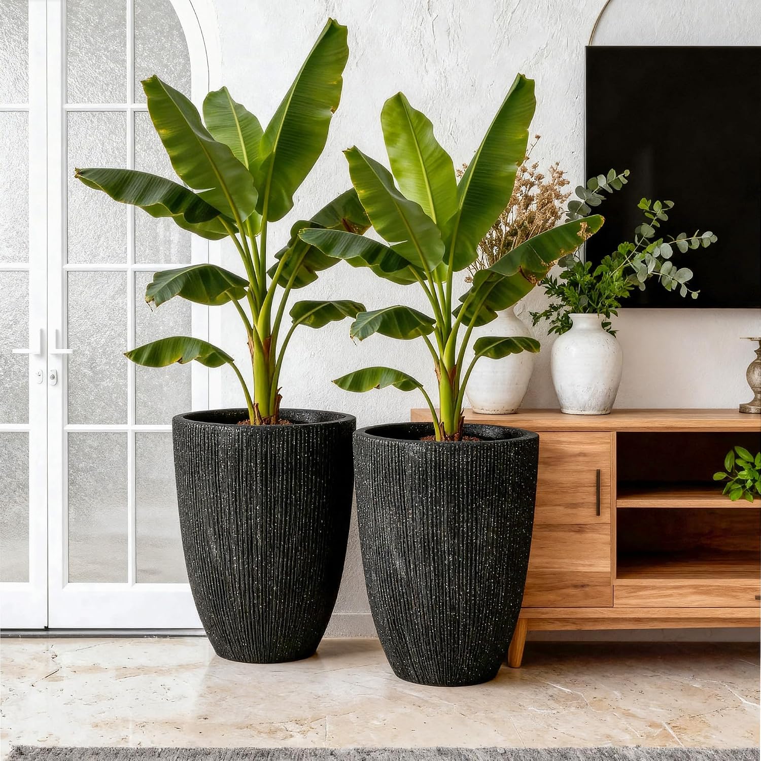 2-Pack 19" Black Resin Tall Round Planters with Fluted Texture | Set of 2 resin tall planters with black fluted