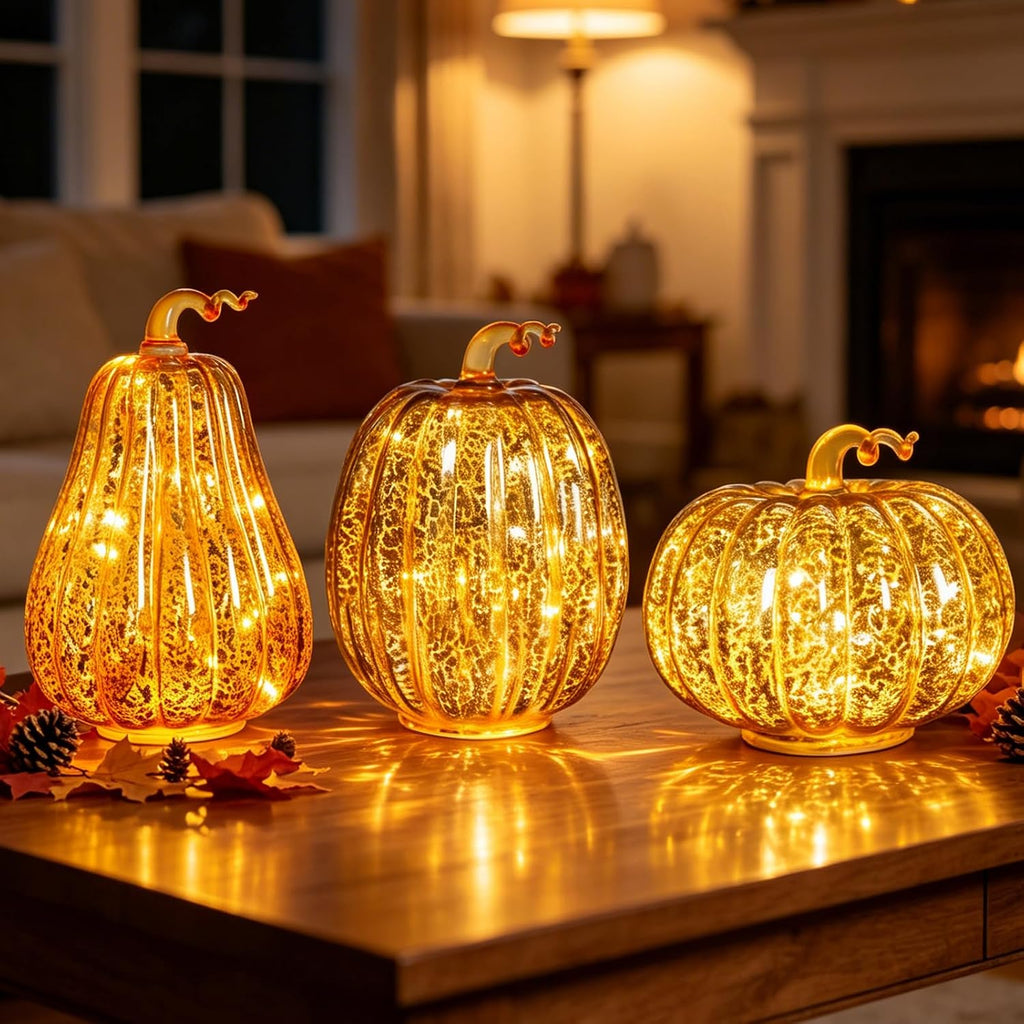 MUMTOP Mercury Glass Pumpkins Lighted 3PCS Halloween Gold Fall Decoration