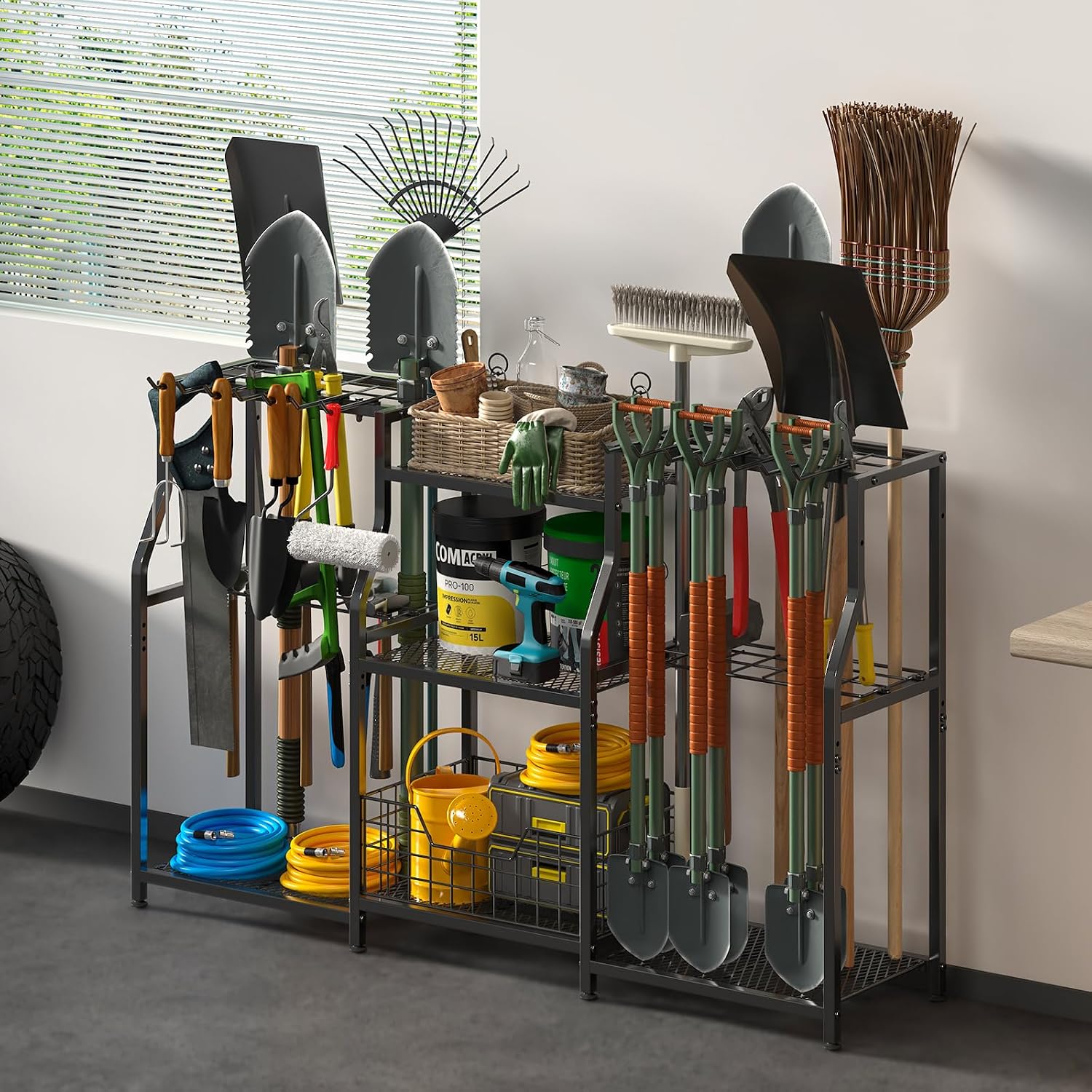 keomaisyto Garden Tool Organizer, Heavy Duty Yard Tool Tower Rack for Garage Organization and Storage, 3 Tier Utility