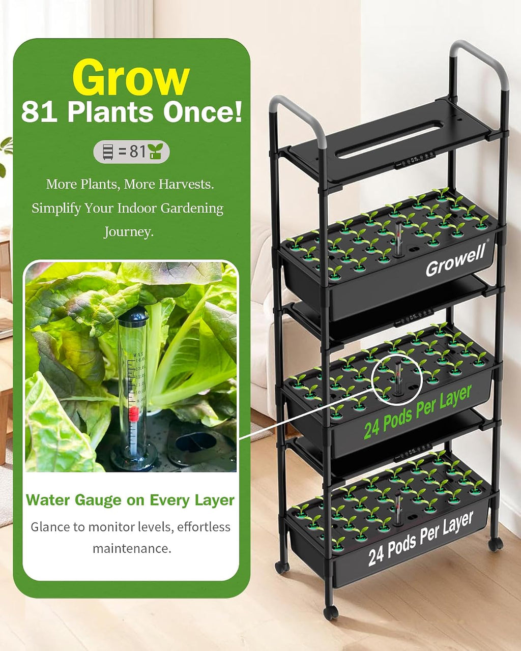 Growell Large Hydroponics Growing System Kit, 81 Pods Vertical Indoor Herb Garden Kit with LED Grow Light & Independent