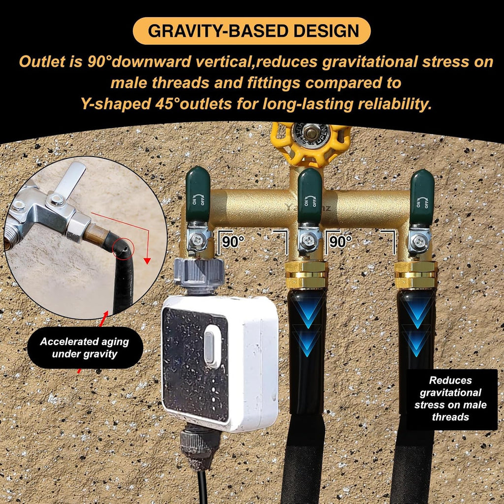 3 Way Garden Hose Splitter, 3/4" GHT Outdoor Water Spigot Splitter | Heavy Duty Solid Brass Body with Shut-off Valves &