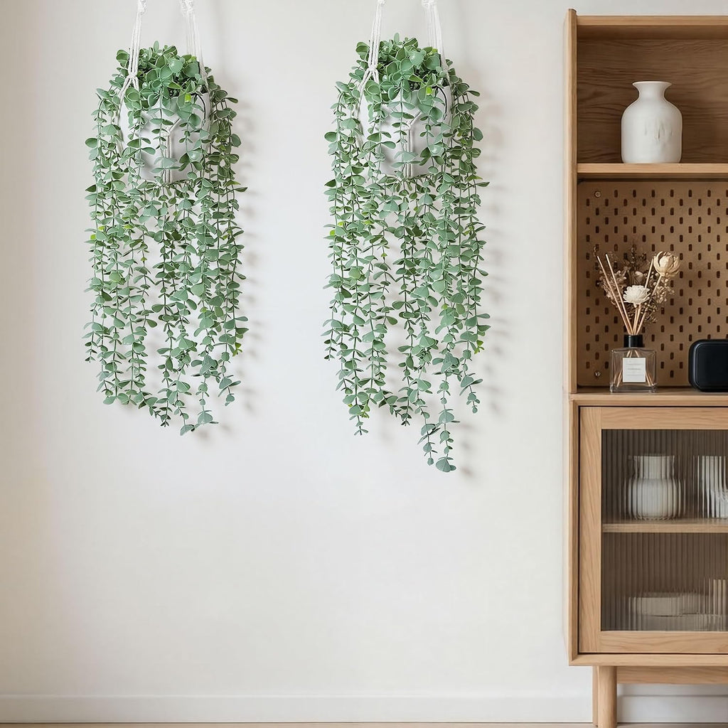 DREAMLOOM 2 Packs Fake Hanging Plants with Pots, Artificial Eucalyptus Hanging Plants with Macrame Hanger for Indoor