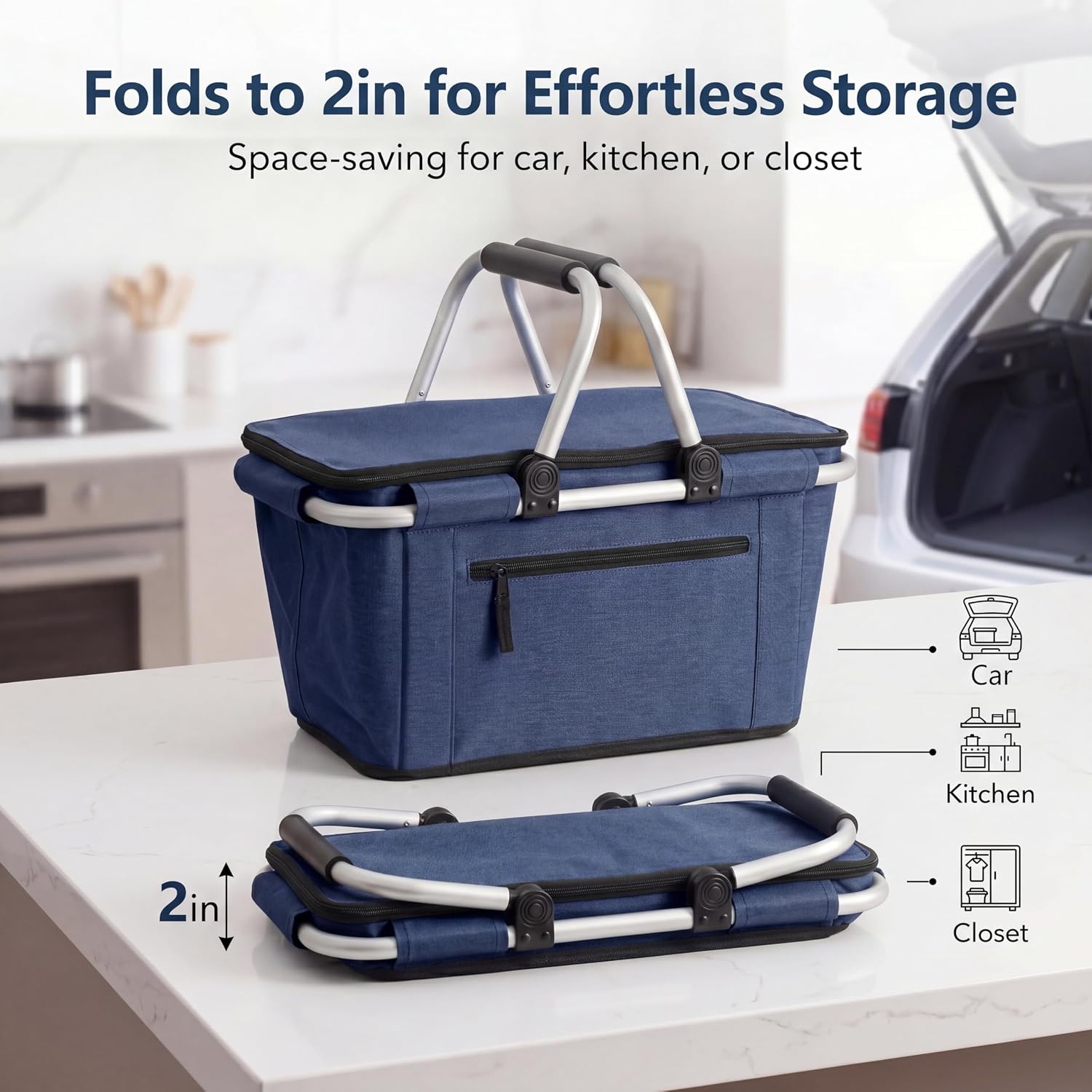 Picnic Basket, SIYUAN Collapsible Shopping Basket with Lid 27L Large Market Basket with Handles Reusable Folding