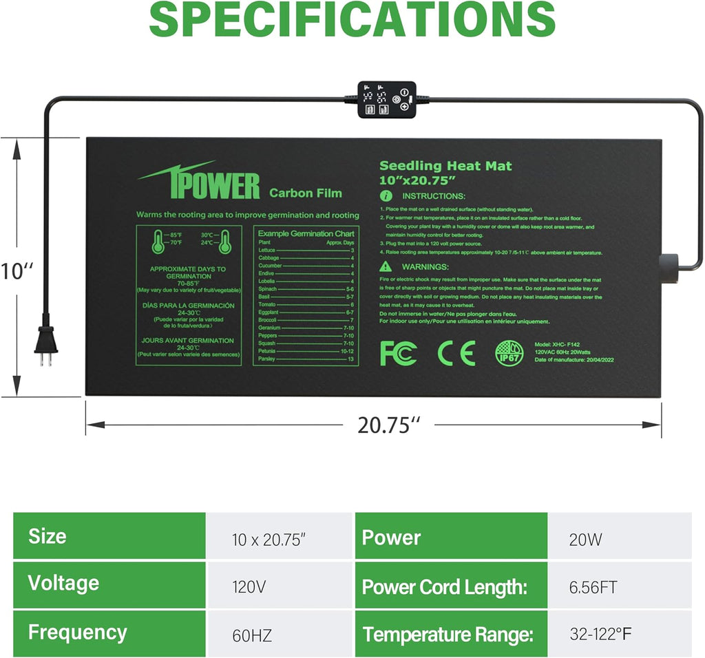 iPower Seedling Heat Mat for Plants with Dual Digital Temperature Controller, 10" x 20.75", Black