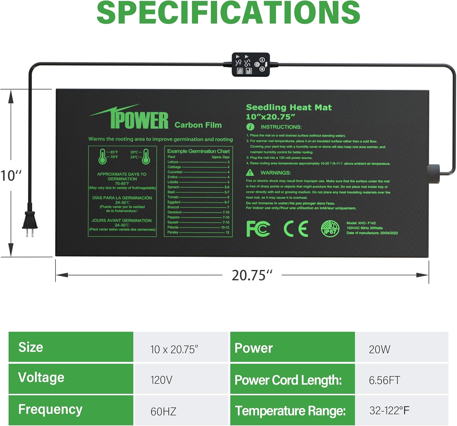 iPower Seedling Heat Mat for Plants with Dual Digital Temperature Controller, 10" x 20.75", Black