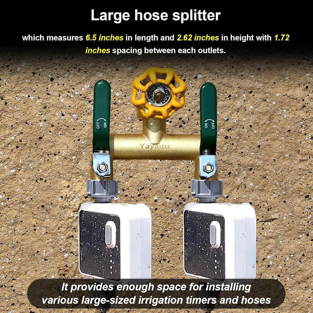 2 Way Garden Hose Splitter, 3/4" GHT Outdoor Water Spigot Splitter | Heavy Duty Solid Brass Body with Shutoff Valves &