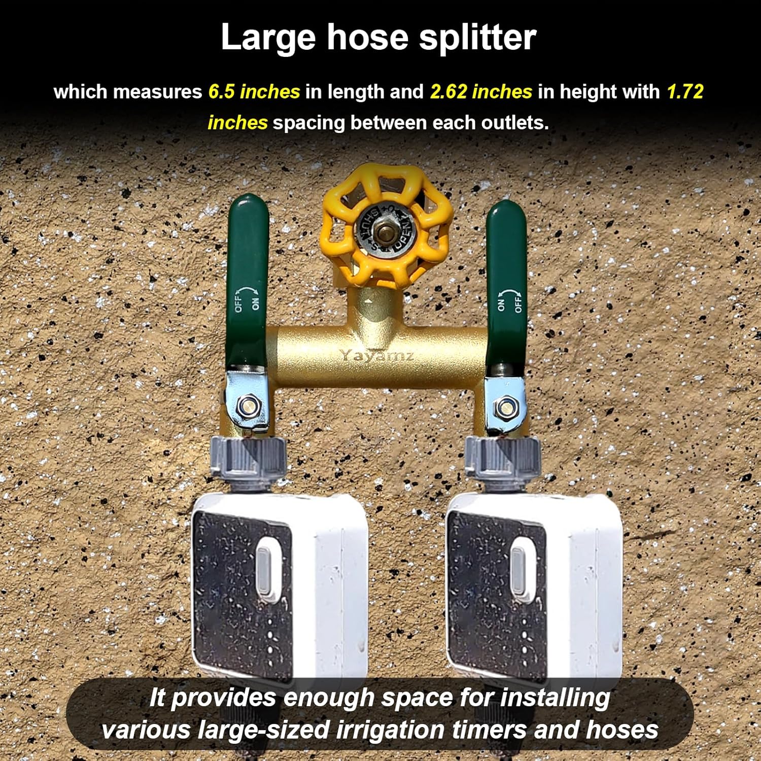 2 Way Garden Hose Splitter, 3/4" GHT Outdoor Water Spigot Splitter | Heavy Duty Solid Brass Body with Shutoff Valves &
