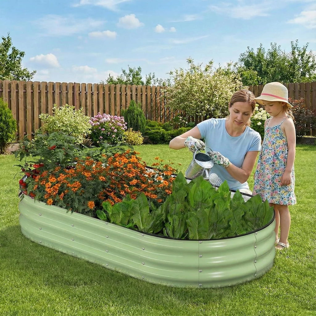 Raised Garden Bed, 6x3x1ft Galvanized Outdoor Planter Beds with Safety Edging and Gloves, Oval Metal Planter Box for
