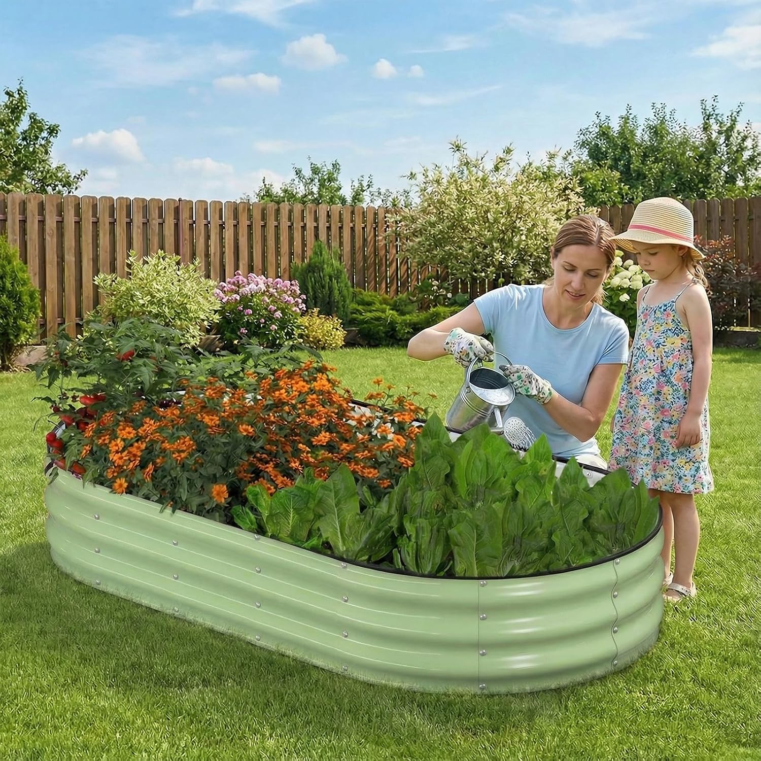 Raised Garden Bed, 6x3x1ft Galvanized Outdoor Planter Beds with Safety Edging and Gloves, Oval Metal Planter Box for