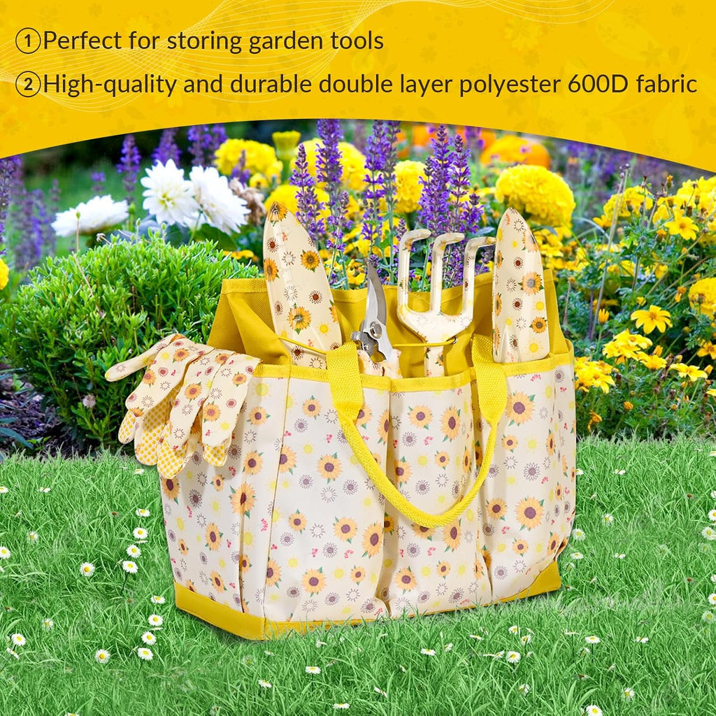 Lifecapido Gardening Gifts for Women, Gardening Hand Tools, 9 PCS Sunflower Garden Tool Set Kit with Garden Tool Bag