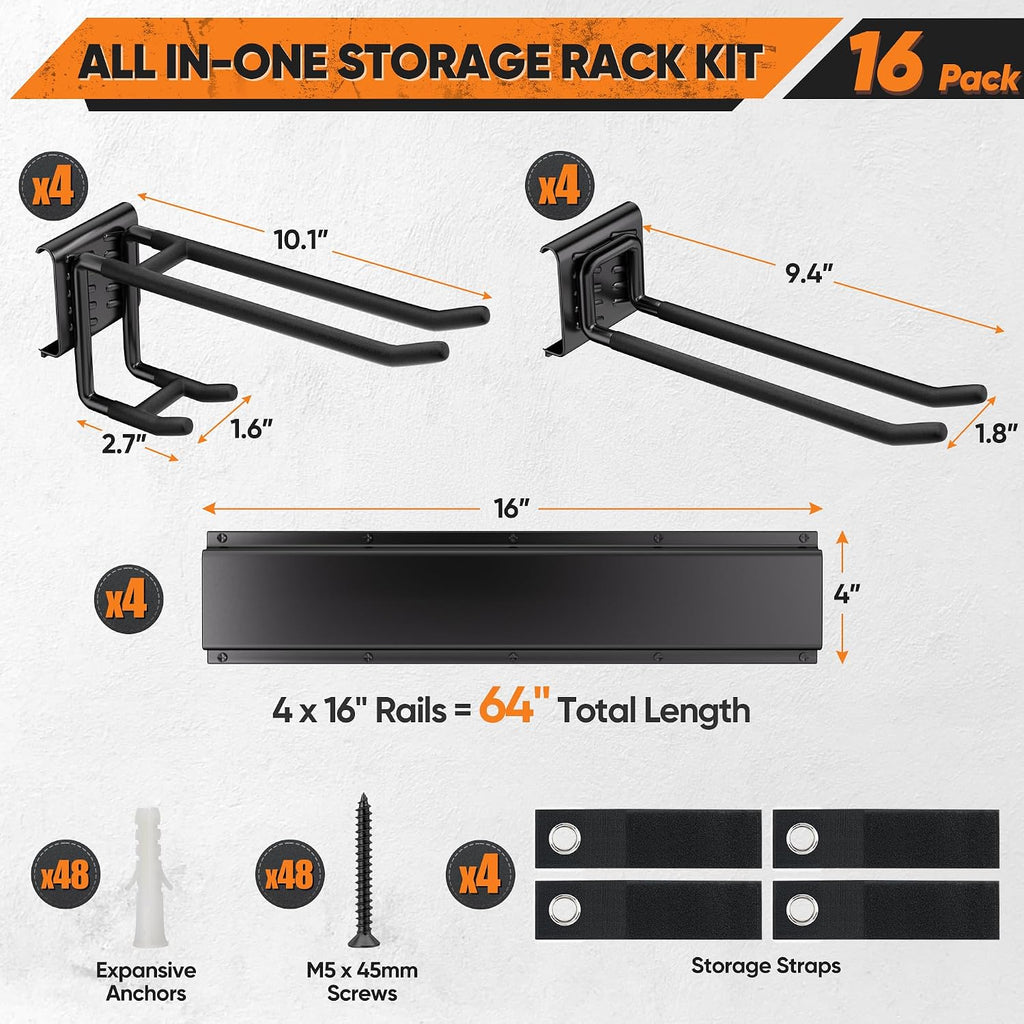 Garden Tool Organizer Wall Mount, 64 inches Tool Storage Rack with Adjustable Hooks, 600lbs Adjustable Heavy Duty Metal