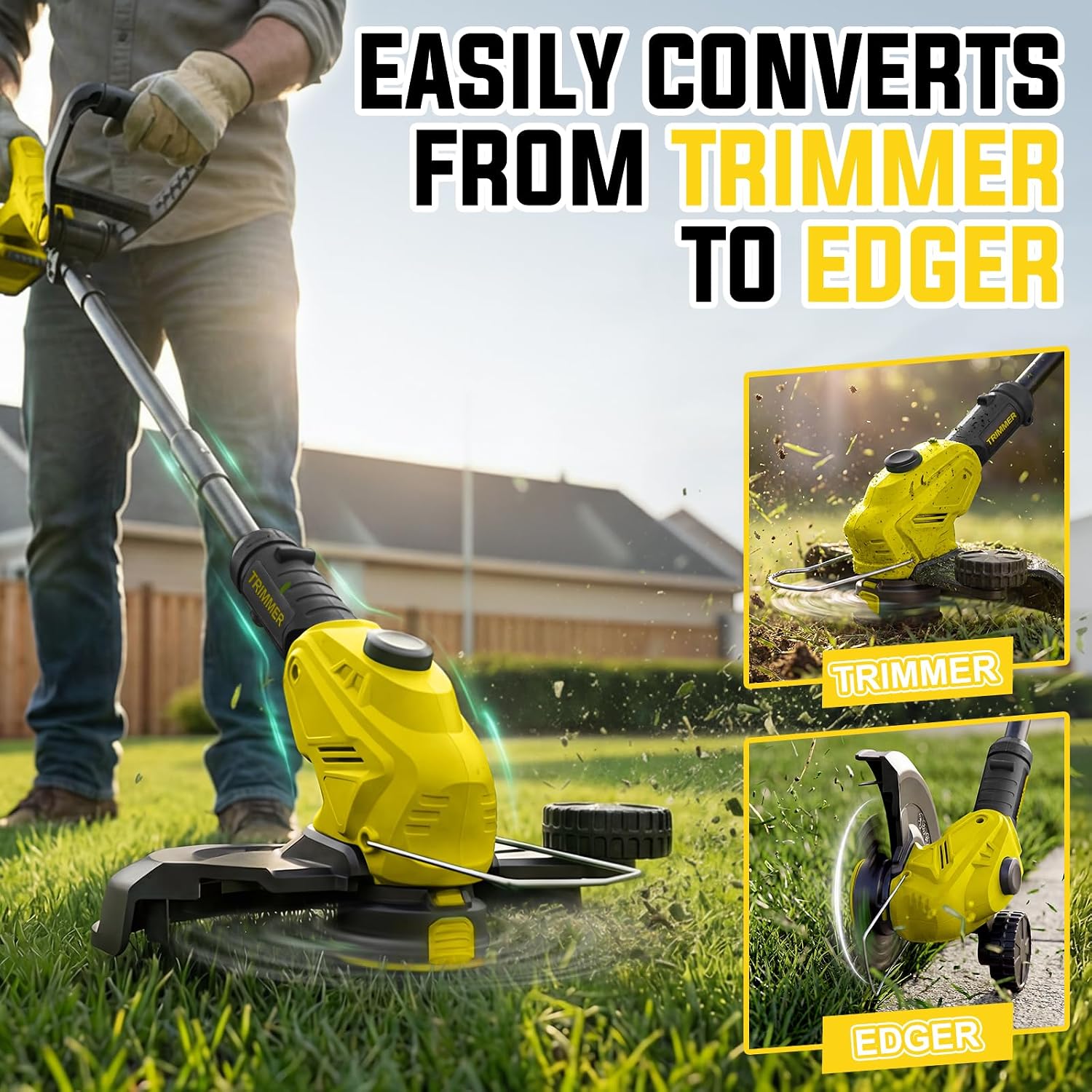 Weed Wacker, 21V Battery Powered Grass Trimmer & Edger 2-in-1 | Electric Weed Wacker with 2 × 2.0Ah Batteries and 8 ×