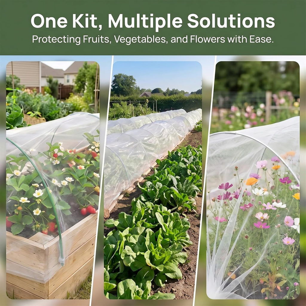 Garden Netting Kit for Raised Beds, 10x30FT Ultra Fine Mesh Netting & 5 Sets Garden Hoops with 18 Clips, Greenhouse Row