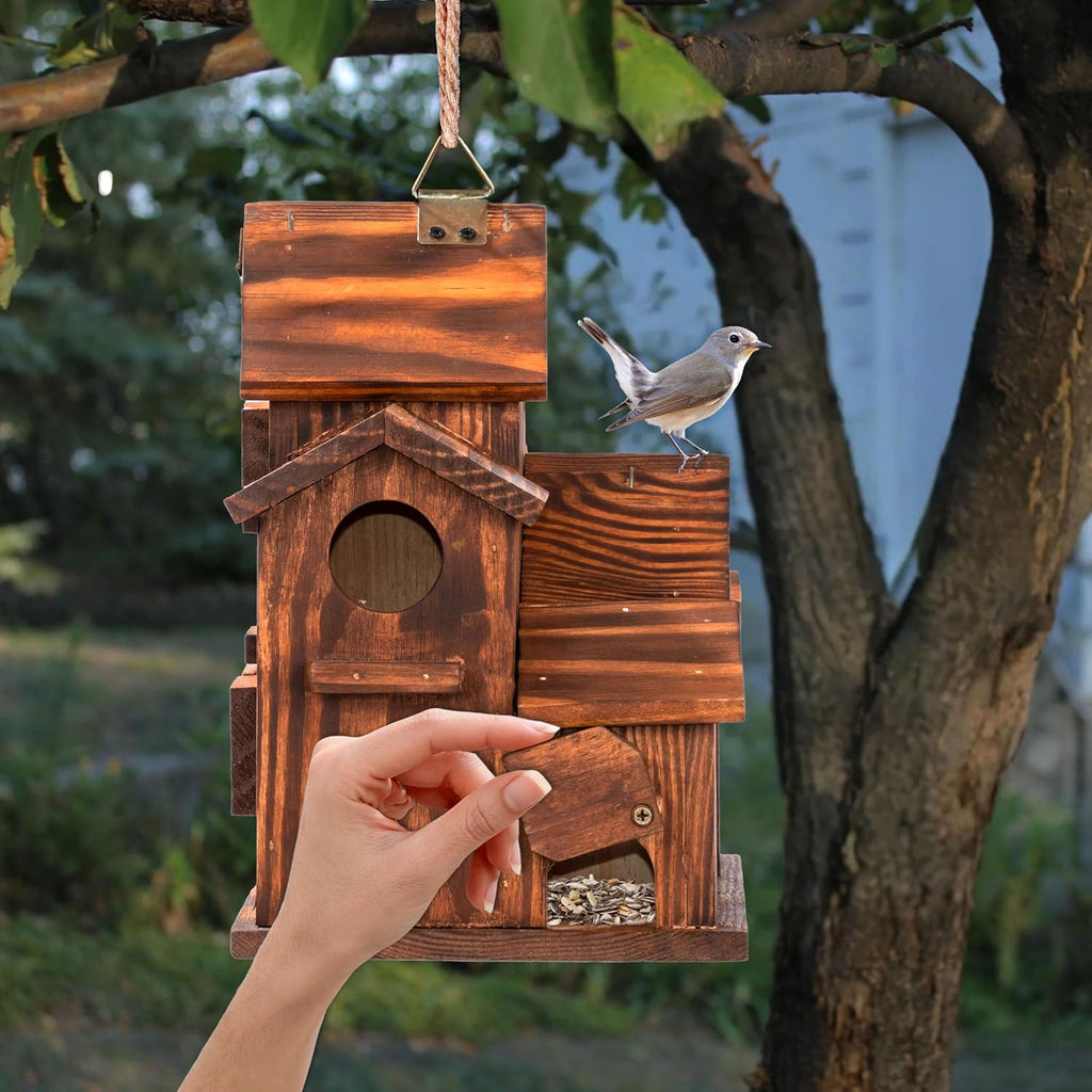 MIXUMON Bird House Outdoor, 6-Room Wooden Birdhouse for Outdoors & Outside, Carbonized Pine Wood Bird Houses with 1.57”