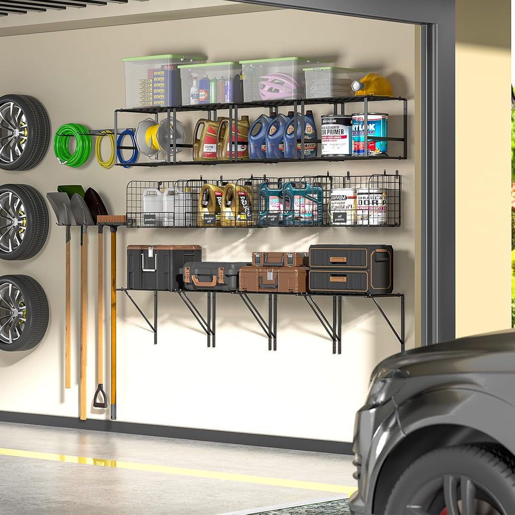 ThreeHio Garage Shelf Wall Mounted with Wire Baskets, Heavy Duty Garage Wall Shelving with Garden Tool Rack and Hooks