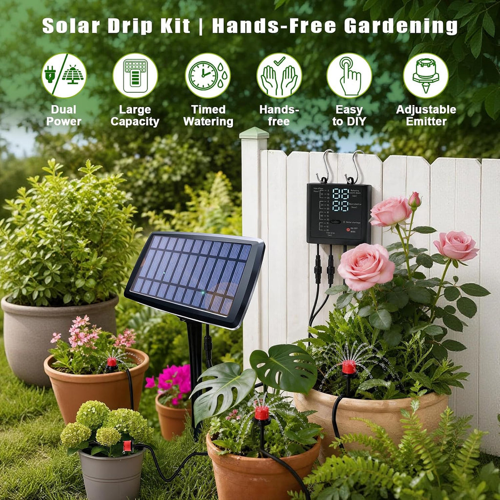 Irrigation System for Garden with Solar Panel, Automatic Drip Irrigation Kits 49FT Hose, Smart Timer Solar Irrigation