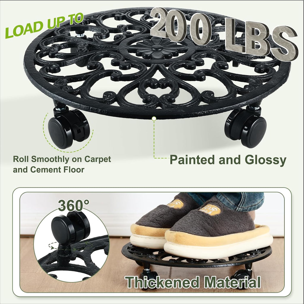 2 Packs 14 Inch Rolling Plant Stand with Wheels Metal Plant Caddy with Wheels Heavy Duty Round Plant Stand Indoor Iron