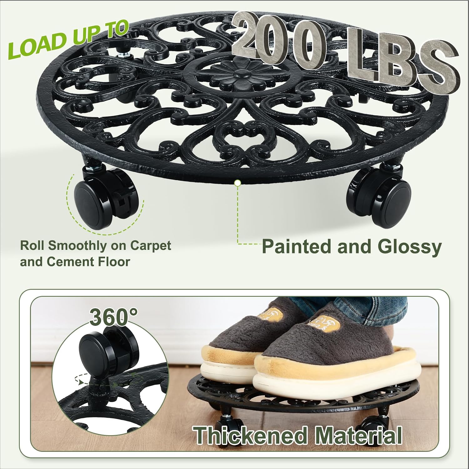 2 Packs 14 Inch Rolling Plant Stand with Wheels Metal Plant Caddy with Wheels Heavy Duty Round Plant Stand Indoor Iron