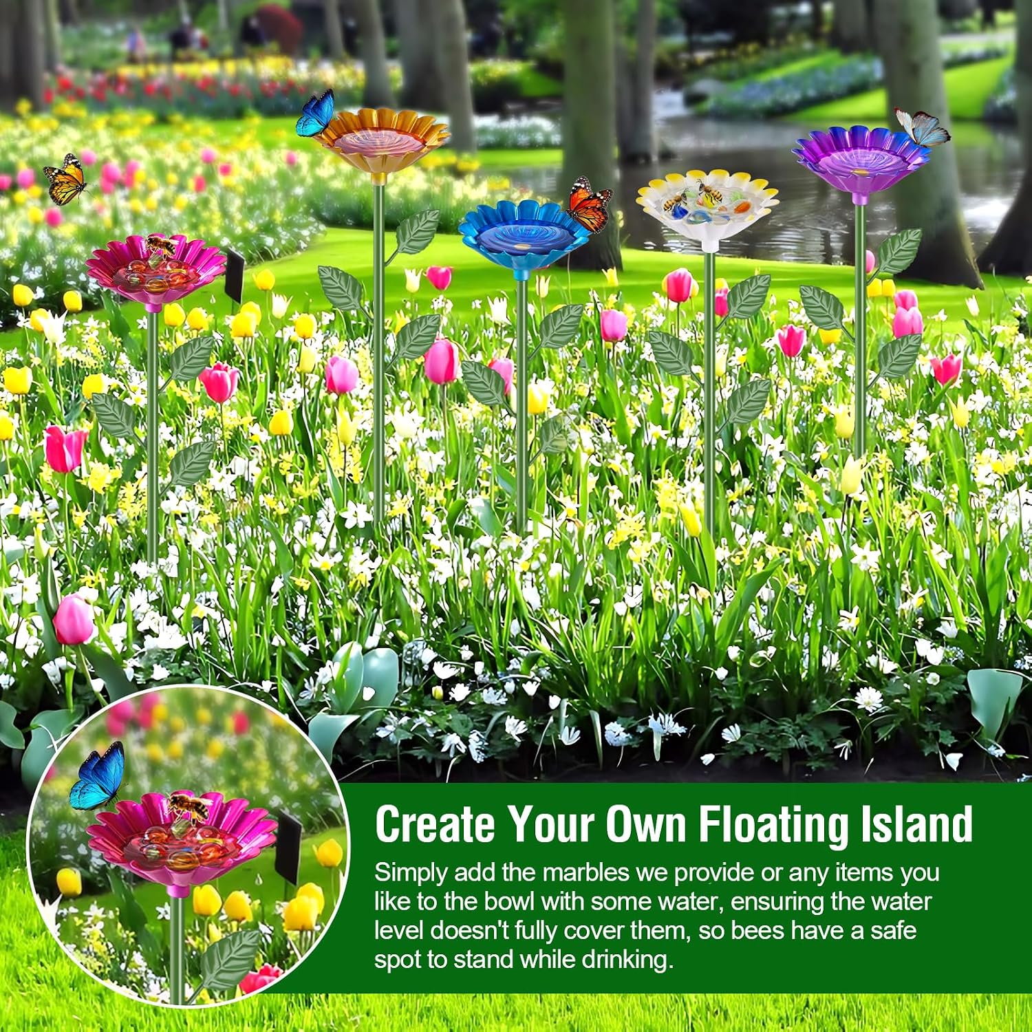 5 Pack Bee Watering Station, Metal Bee Feeder for Garden Flower Design Water Feeder for Outside Colorful Butterfly Bath