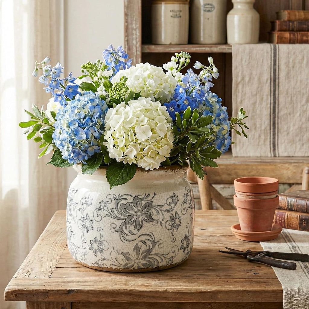 7.7" Large Vintage Ceramic Plant Pot with Baroque Floral Pattern Beige Gray Rustic Planter with Ice Crackle Glaze &