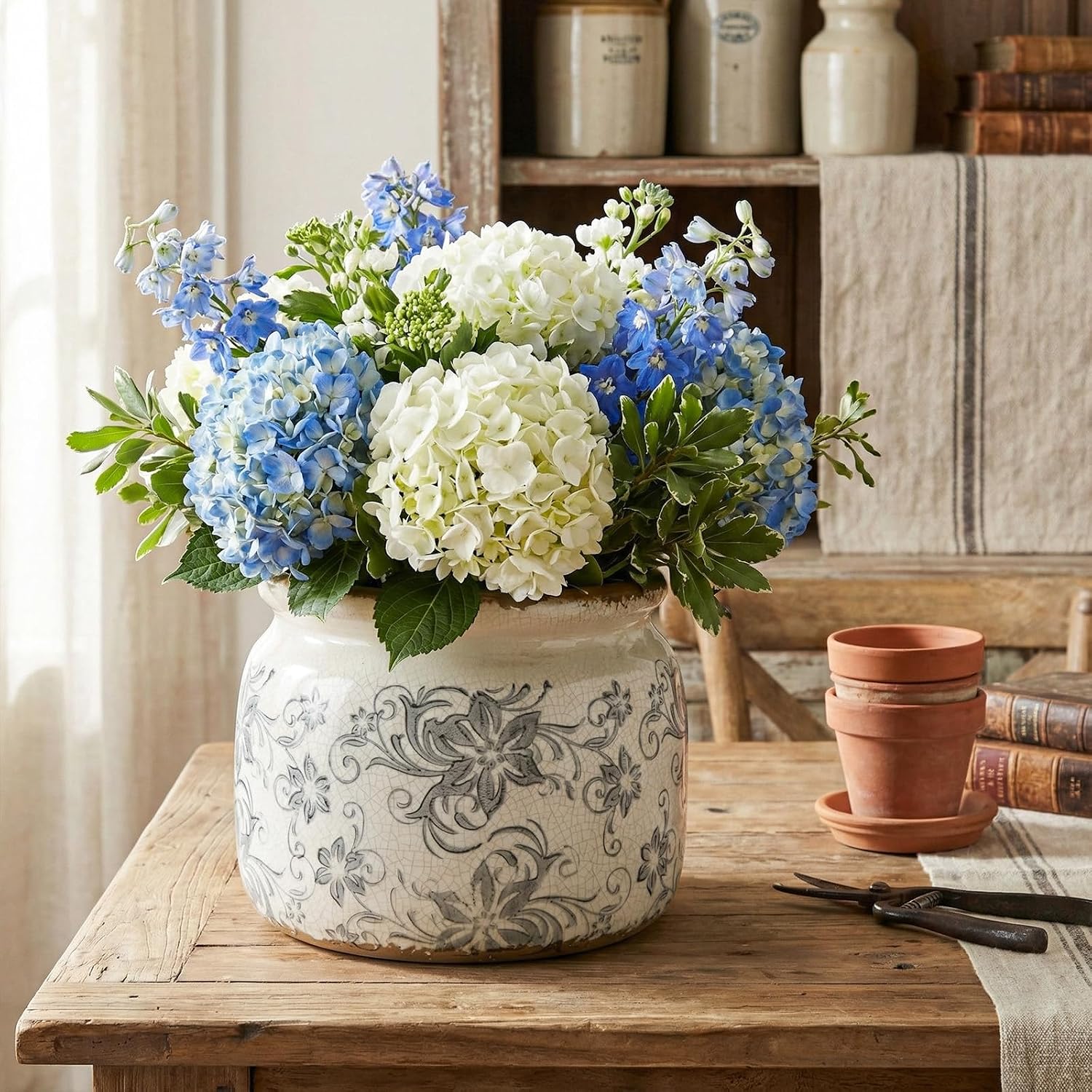 7.7" Large Vintage Ceramic Plant Pot with Baroque Floral Pattern Beige Gray Rustic Planter with Ice Crackle Glaze &