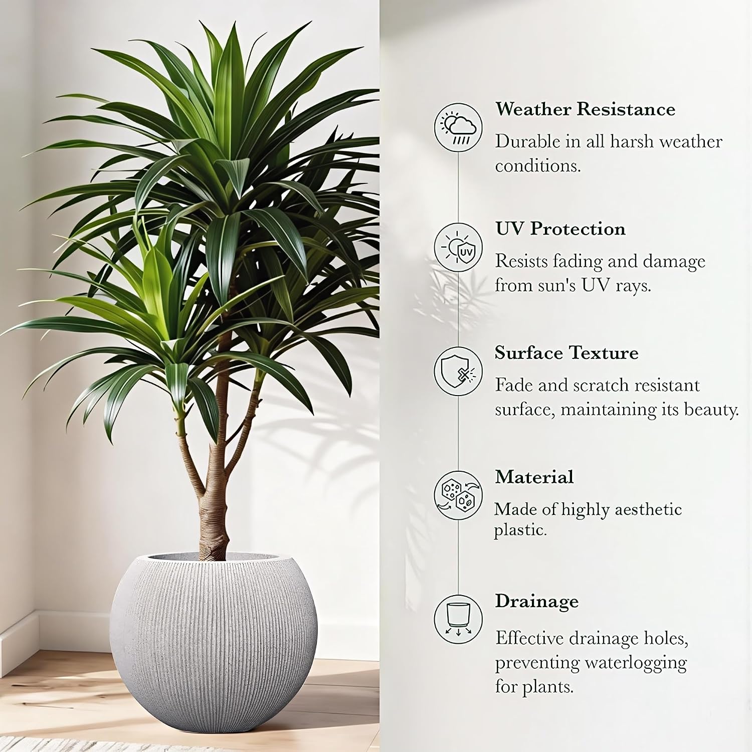 11.8" H x 14.5" Dia Large Round Plastic Planter Pot with Drainage & Plug | Indoor/Outdoor Use, UV/Weatherproof