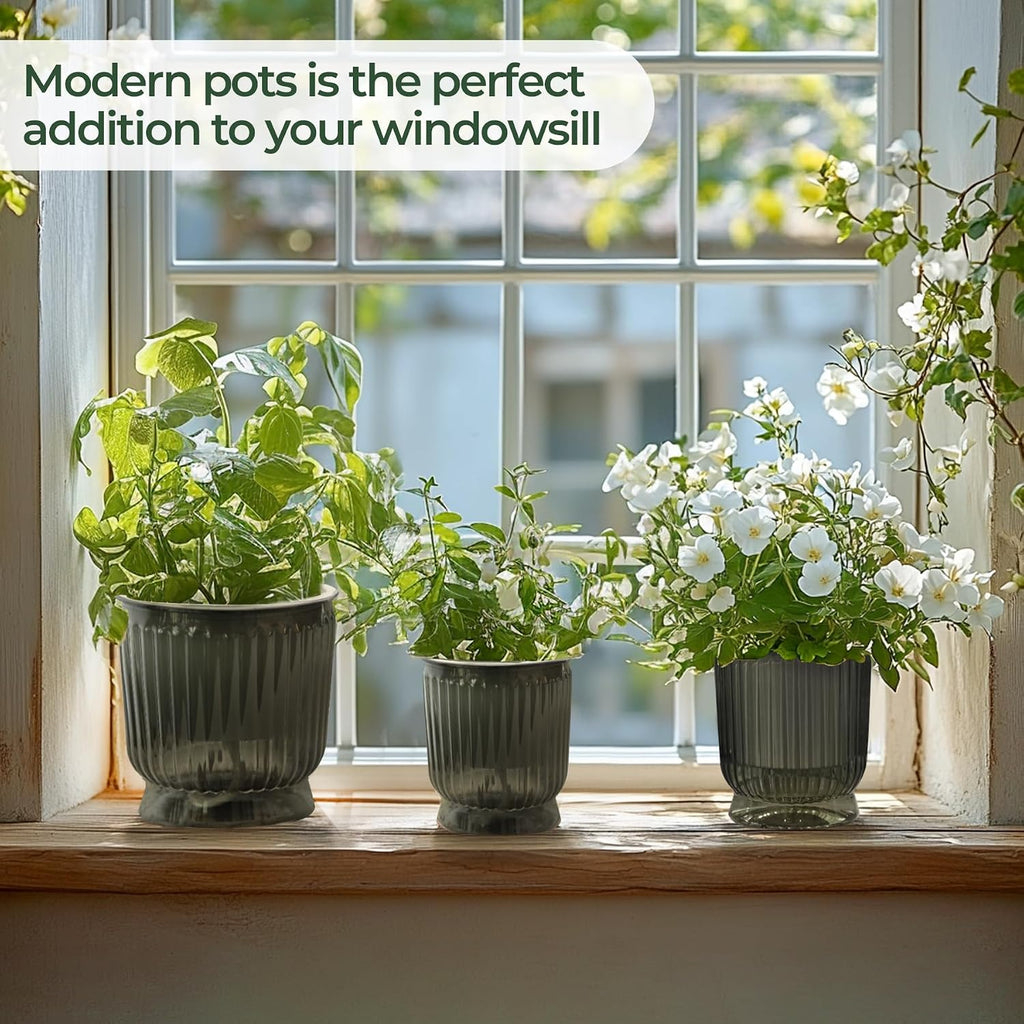 T4U Self Watering Pots for Indoor Plants 6 Inch 4 Pack Planter Gray | Clear visible water level, Pothos ferns herbs