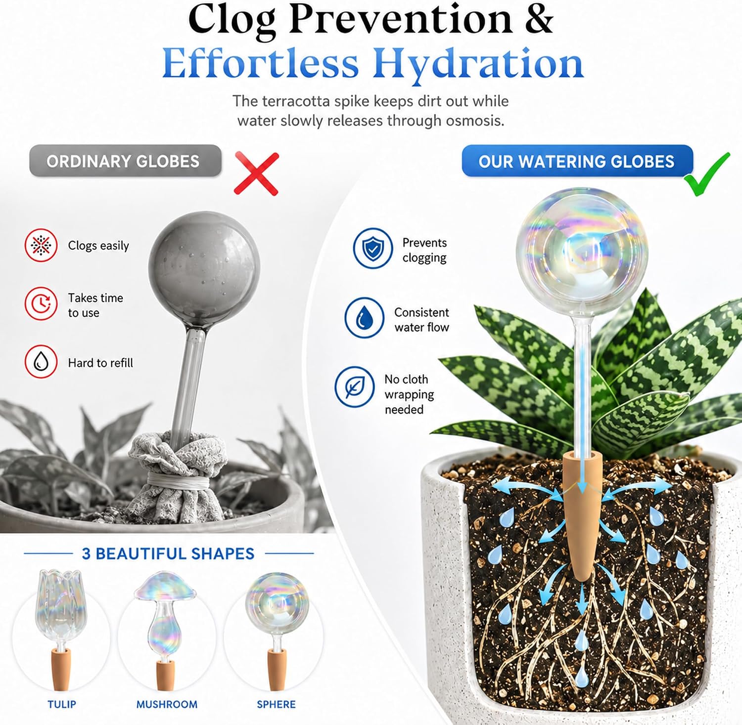HyJeryty Non-Clogging Iridescent Ball Plant Watering Globes with Terracotta Spikes, Hand Blown Glass Self Watering