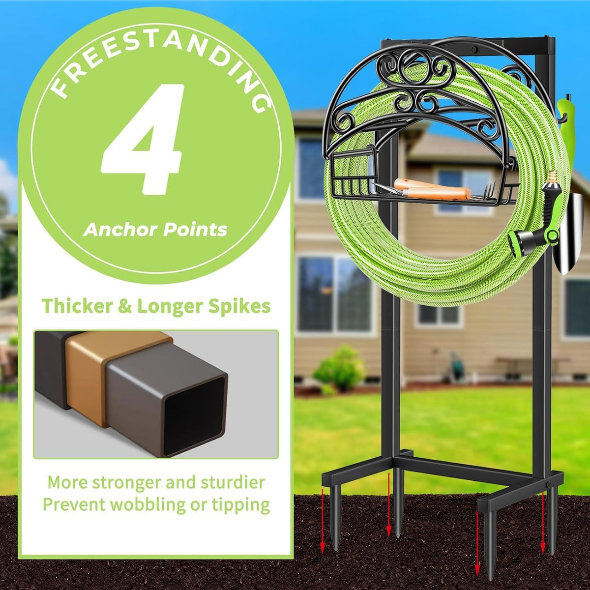 TomCare Garden Hose Holder, 4 Spikes Water Hose Hanger for 160FT Hose | Heavy Duty Metal Frame, 250 lbs Load Capacity