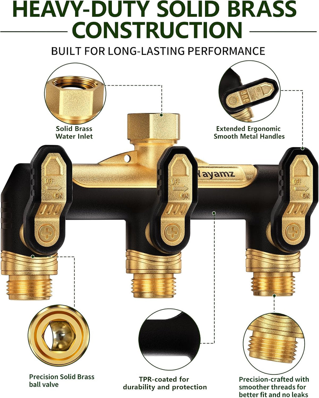 Garden Hose Splitter 3 Way, Heavy Duty All Metal Water Hose Spigot Splitter | Shut Off Valves,2.4" Easy-Turn