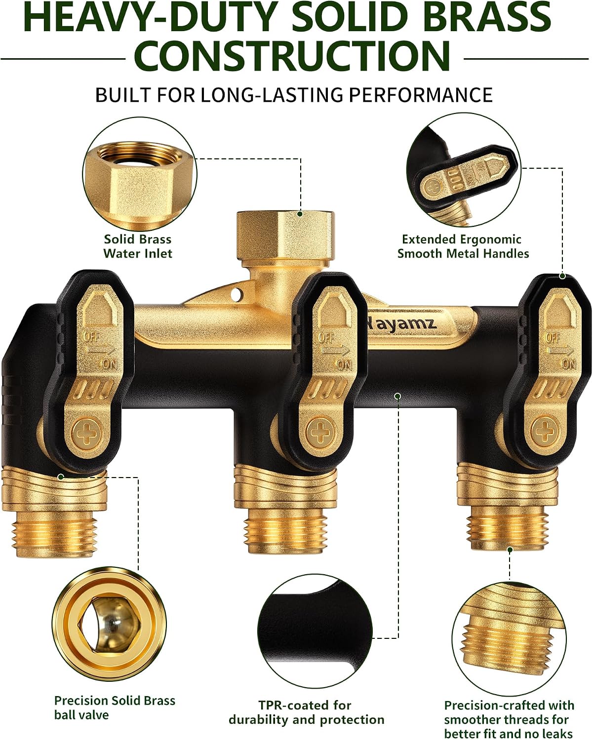 Garden Hose Splitter 3 Way, Heavy Duty All Metal Water Hose Spigot Splitter | Shut Off Valves,2.4" Easy-Turn