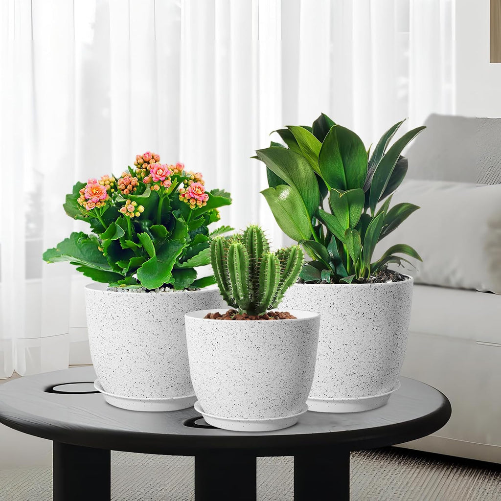 WSMKSZ 10/9/8 inch Medium Plant Pots, Set of 3 Modern Decorative Plastic Planters with Drainage Holes and Saucers for