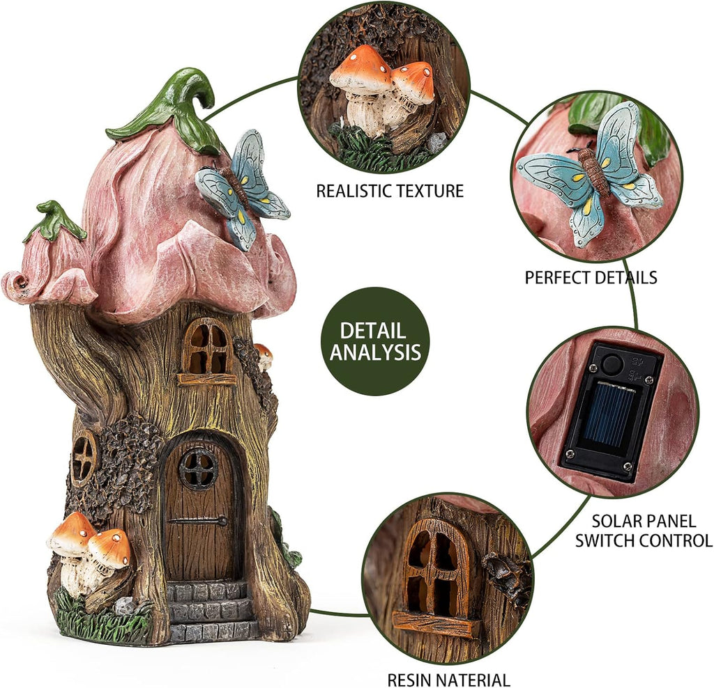 Fairy Garden Accessories Outdoor Statues, Mushroom House Decor,Large Gnome Solar Powered Lights Sculptures,Pink Resin