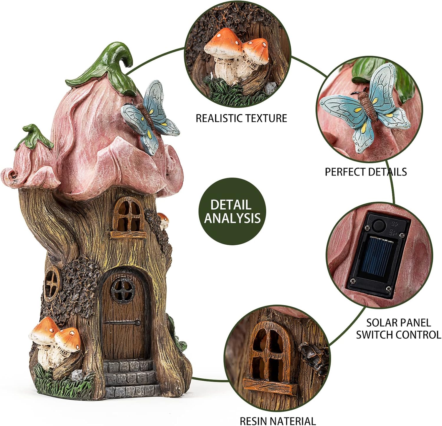 Fairy Garden Accessories Outdoor Statues, Mushroom House Decor,Large Gnome Solar Powered Lights Sculptures,Pink Resin