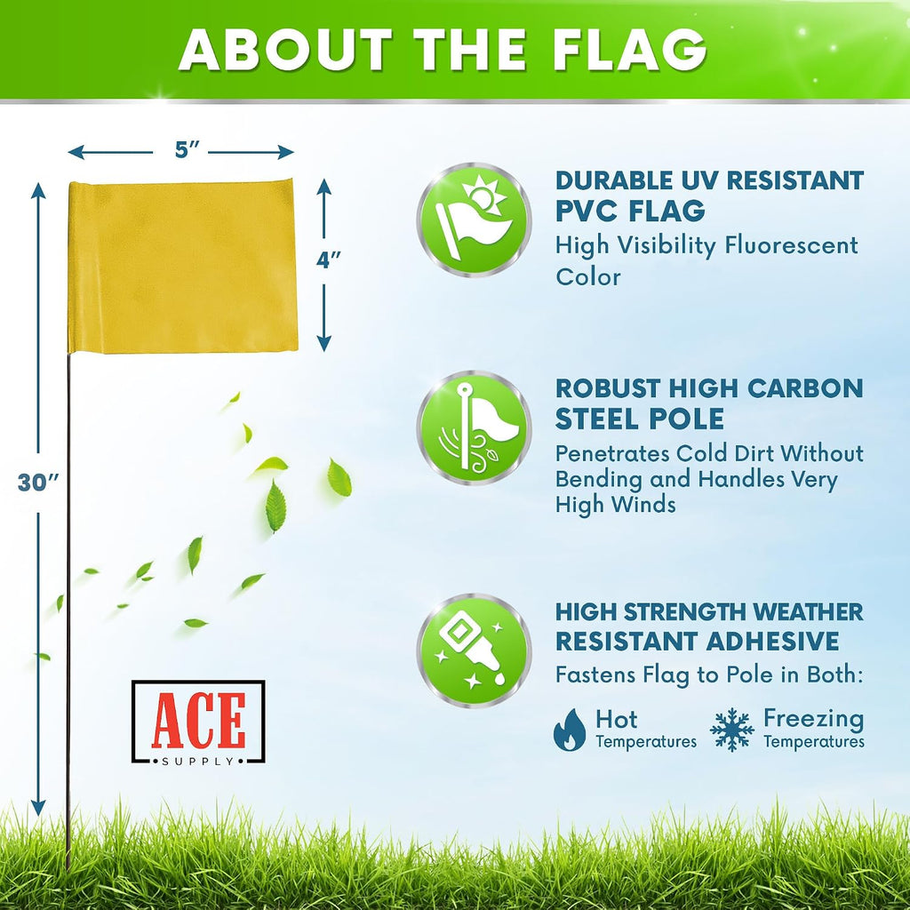 Yellow Marking Flags 100 Pack - 4x5x30 Inch Yellow Flags for Yard - Markers For Lawn, Irrigation, Landscaping, Survey &