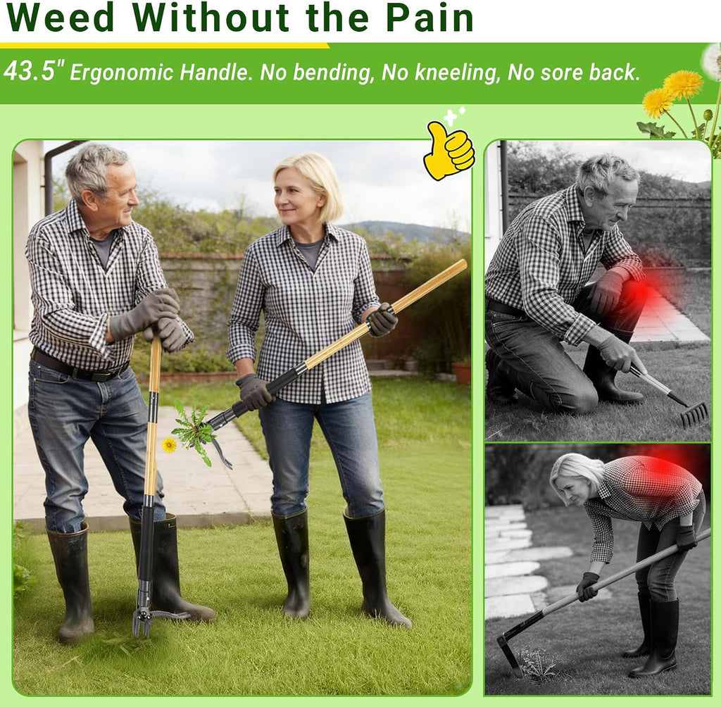Weed Puller Tool for Garden Lawn Yard, 43.5" | Includes 16 Gallon Leaf Bag, Dual-Eject Mechanism, 4-Claw Steel Head
