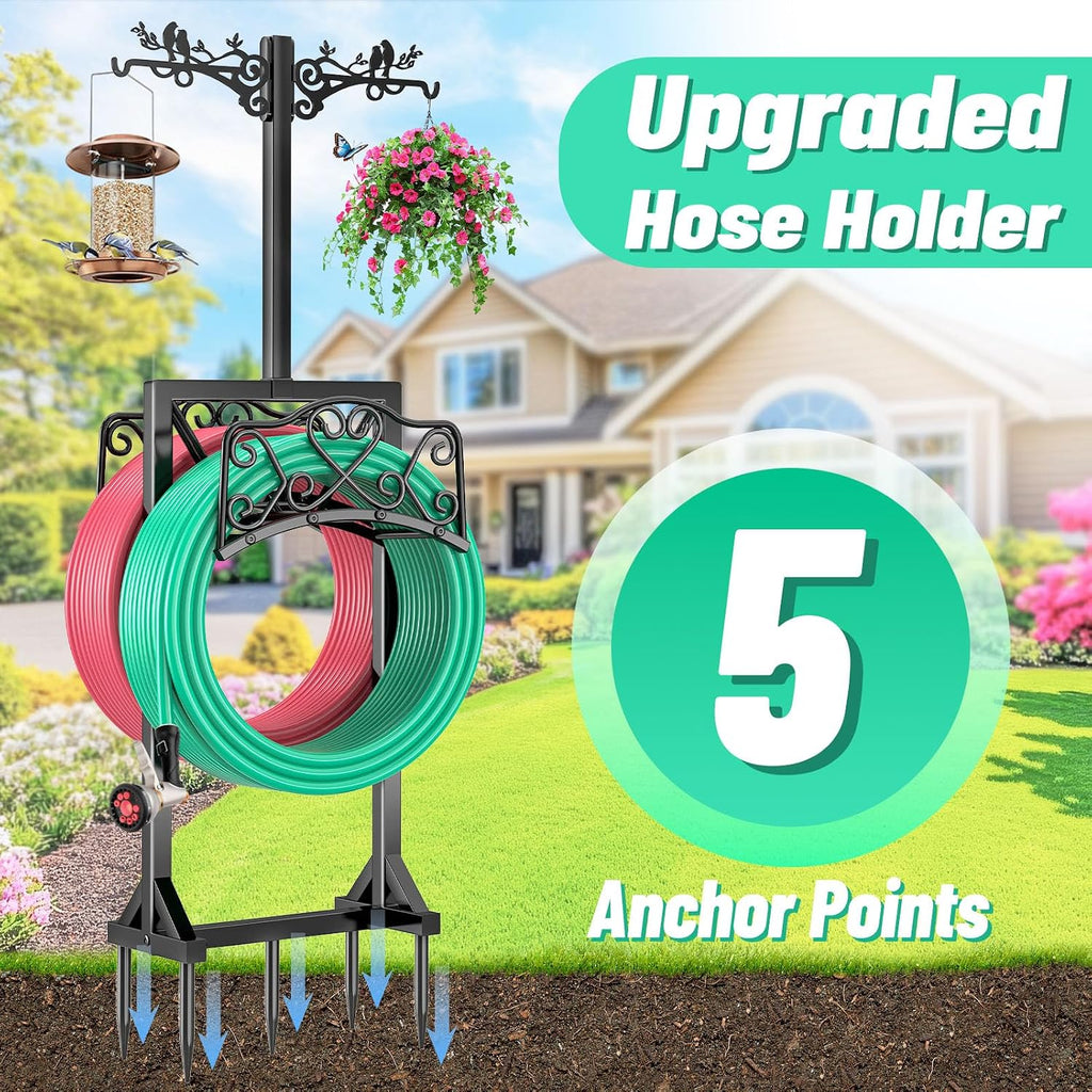 Garden Hose Holder for Outside,Water Hose Holders with 2 Bird Statue Shepherds Hooks & 5 Spikes,Double-Sided