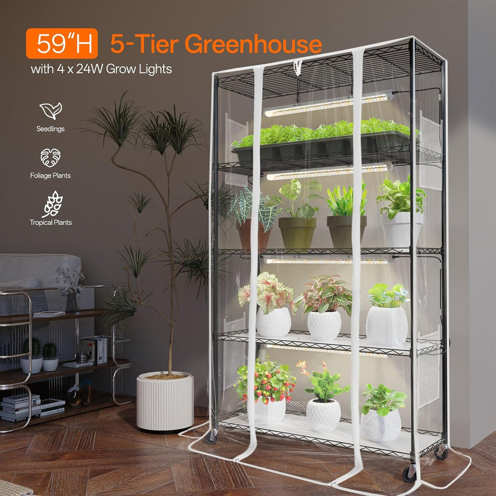Indoor Greenhouse with Grow Light, 35.4x13.8x59in | Indoor Greenhouse, 4-Pack Full Spectrum Plant Lights, 24W Each