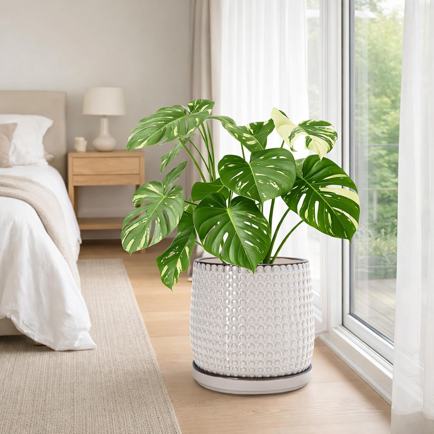 D'vine Dev Beaded Ceramic Pot with Saucer, 10 in, Smoked White, 27-C-P-1 | Embossed Dot Texture, Smooth Glazed Finish