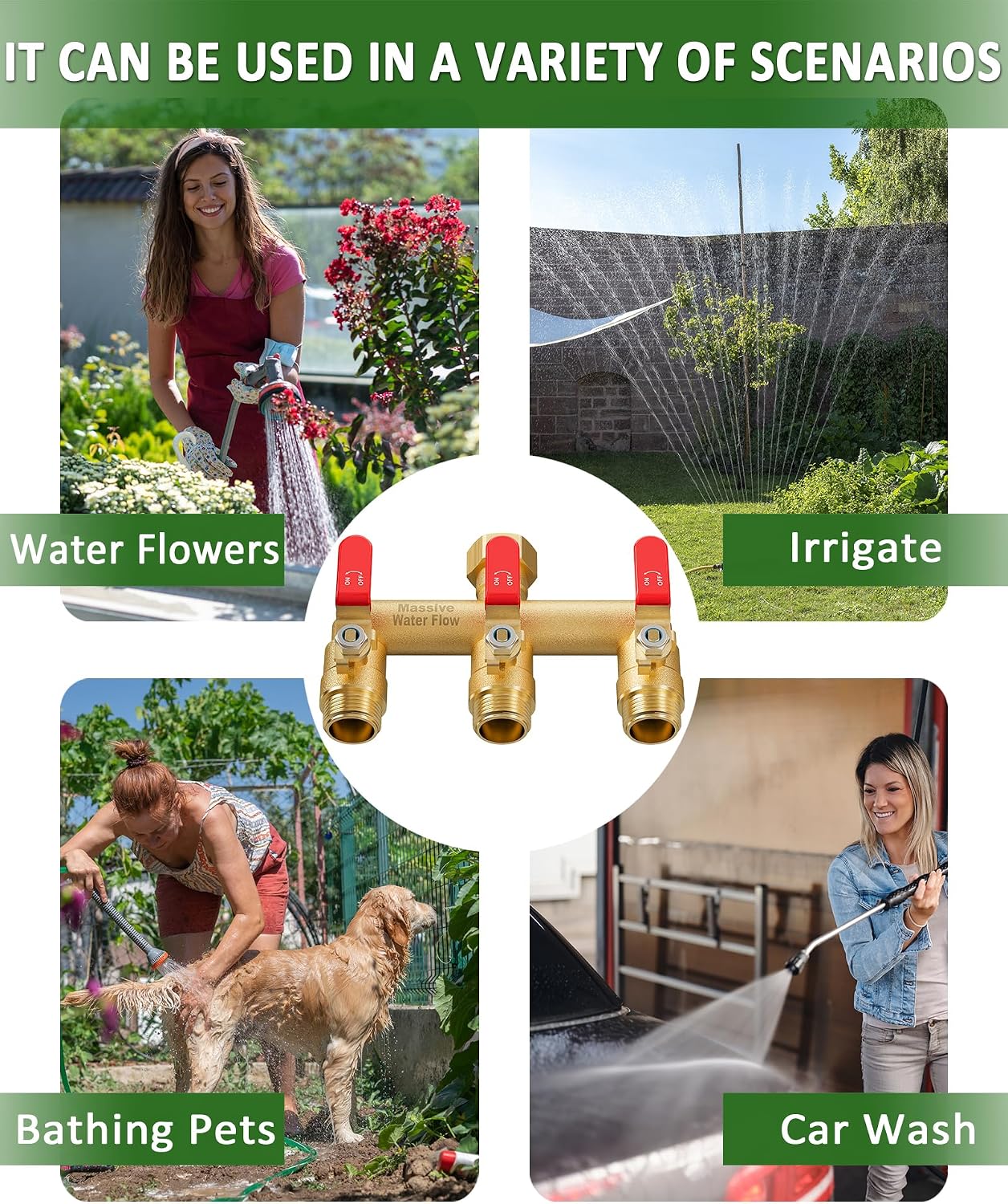3 Way Hose Splitter, Heavy Duty Full Flow Garden Water Hose Bib Spigot Splitter, Brass Rust and Freeze Resistant